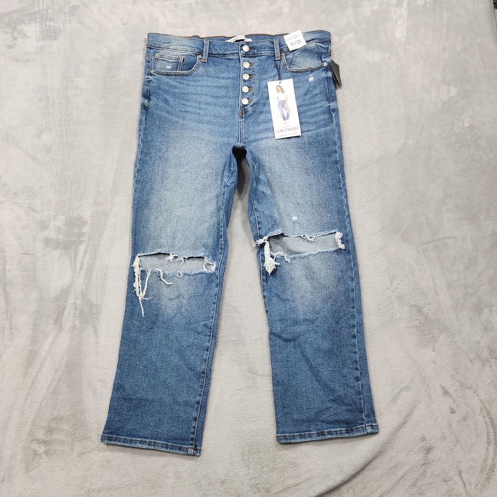 NEW Celebrity Pink Jeans Womens 21/35 Blue High Rise Slim Straight Distressed